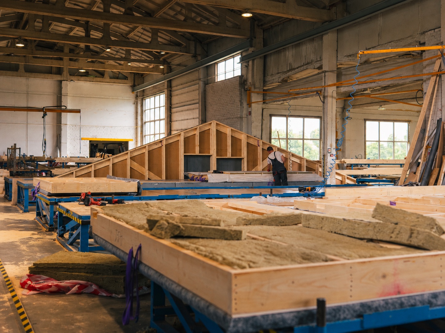 Timber wall and roof panels being assembled in a workshop
